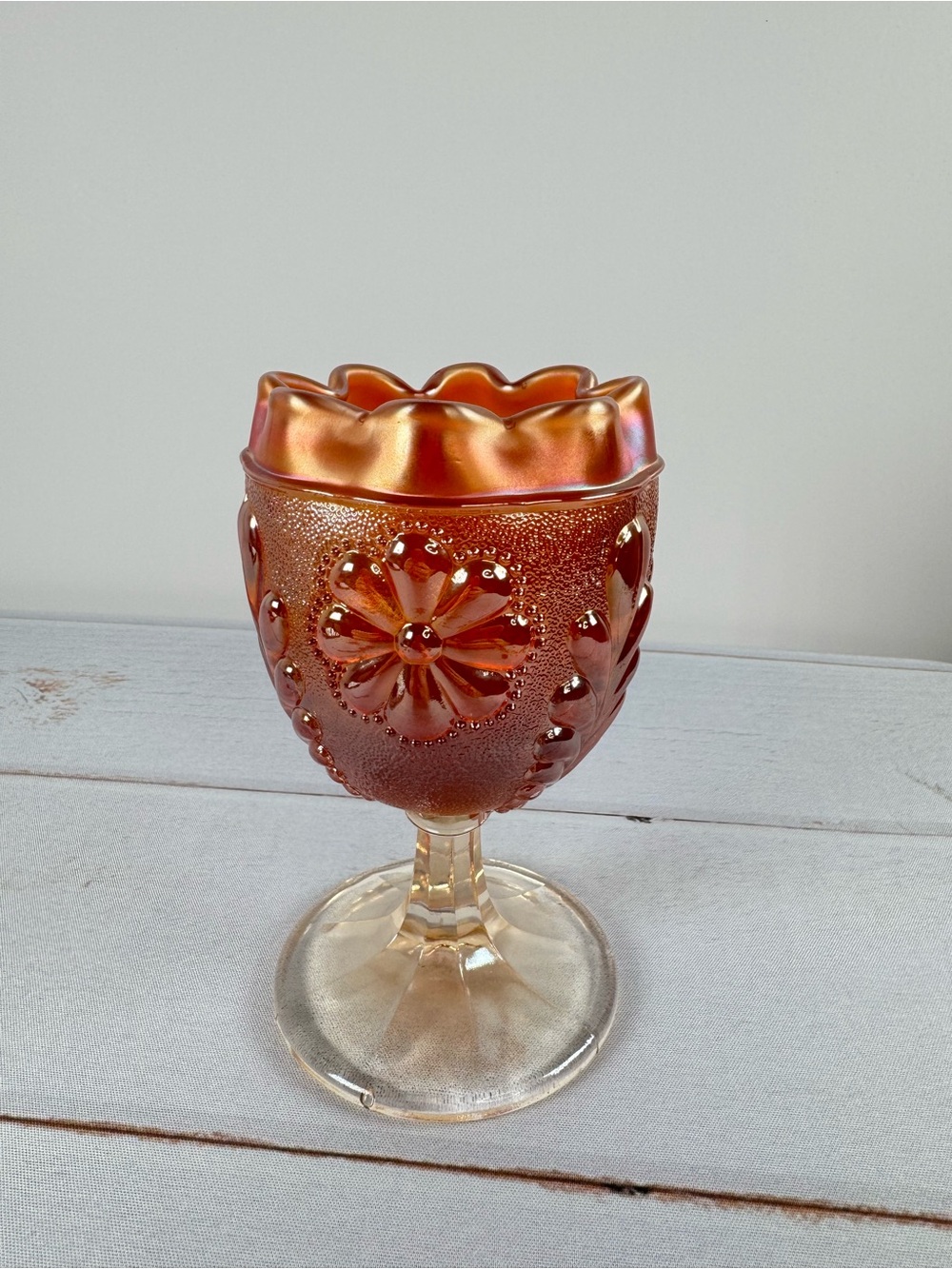Antique Northwood Marigold Carnival Glass Daisy and Plume Footed Rose Bowl